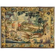 an antique tapestry depicting two men fishing in the river, with other animals and trees