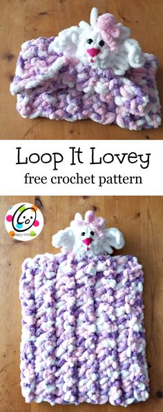 crocheted sheep is laying on top of a purple and white blanket with text overlay that says, loop it lorry free crochet pattern