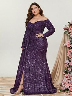 Product Code: FSWD0392P Embellishment: Sequin Fabric: 100% Polyester Back Style: Zipper Up Fully Lined: Yes Built-in Bra: No Available Color: Purple Stretch: Moderate Fits true to size Imported Model Information Height: 5' 3" Bust: 41'' Waist: 30.5“ Hips: 53” wearing US size 1X Blue Plus Size Dresses, Cocktail Dress Maternity, Plus Size Lace Dress, Mothers Gowns, Split Thigh Dress, Plus Size Sequin Dresses, Plus Size Maternity Dresses, Maternity Evening Dress, Maternity Bridesmaid Dresses