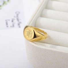 18K Gold Initials Ring, Gold Initials Signet Ring, Dainty Initial Ring for Women | eBay Personalized Stackable Rings, Rings Chunky, Jewelry Box Design, Gold Initial Ring, Letter Ring, Monogram Ring, Signet Rings, Gold Signet Ring, 26 Letters