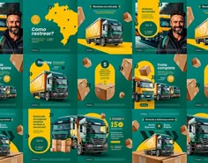 a series of brochures with trucks and boxes on the front, behind them is an image of a man