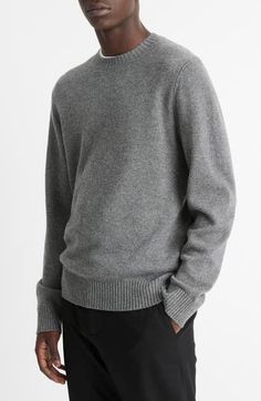 Finished with slightly chunky ribbing, this crewneck sweater knit from warm wool refined with a touch of cashmere is a handsome addition to all your relaxed looks. Crewneck Long sleeves with ribbed cuffs 70% wool, 30% cashmere Hand wash, dry flat Imported Grey Sweater Outfit Men, Grey Sweater Men, Grey Sweater Outfit, Winter Wishlist, Sweater Outfits Men, Grey Crewneck, Cashmere Jumper, Sweater Knit, Crewneck Sweater