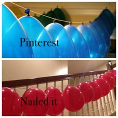 balloons are hanging from the ceiling and have been decorated with blue, red and white balloons