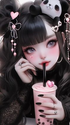 a girl with long black hair holding a drink and wearing panda ears on her head