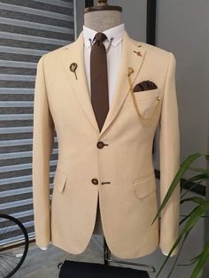 Berton Beige Slim Fit Notch Lapel Cotton Suit – brabion Clothes Jacket, Fitted Blazer Jacket, Slim Fit Blazer, Beige Suits, Pants Gift, Suit Material, Beige Jacket, Slim Fit Blazers, Suits For Sale