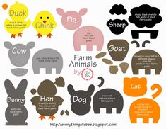 farm animals cut outs are shown with the words in different colors and sizes, including sheep, chicken, pig, goat, cow