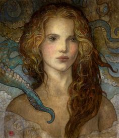 a painting of a woman with long hair holding a blue snake in her hand and looking at the camera