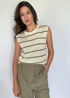 Olive & Cream Horizontal Stripe Knit Pullover | Shop Tiny Details – The Tiny Details Casual Summer Sweater Vest, Cotton Sleeveless Tank Top, Spring Cotton Sleeveless Sweater, Striped Knit Sleeveless Tank Top, Trendy Striped Sweater Vest For Spring, Sleeveless Cotton Sweater For Summer, Spring Striped Knit Tank Top, Striped Knit Tank Top For Spring, Striped Cotton Sweater Vest For Summer