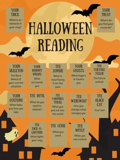 halloween reading list with bats and pumpkins in the sky, on an orange background