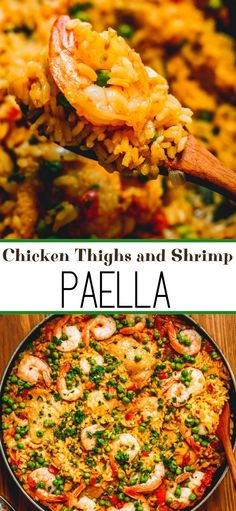 chicken thighs and shrimp paella in a skillet