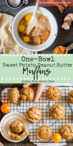 an overhead view of some muffins on a cooling rack with oranges and one bowl of sweet potato peanut butter muffins