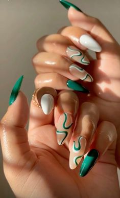 Pastel Green Nails Aesthetic, Dark And Light Green Nails, Mint Green Nails With Design, Nails Design Green, Blue And Green Nails, Nails For Everyday, Got Nails, Almond Gel Nails, Mint Green Nails