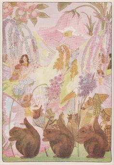 an image of a fairy scene with rabbits and flowers