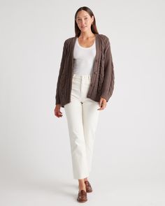 This coastal-chic sweater is everything: chunky yet breathable, airy yet warm, classic yet modern. The oversized shape feels so right now, and the midweight, cable-knit organic cotton is perfect for year-round wear.  | Quince | Women's OverSized Cable Cardigan Sweater in Heather Brown, Size XS, Organic Cotton Casual Neutral Sweater For Layering, Oversized Cotton Cable Knit Cardigan, Oversized Cable Knit Cotton Cardigan, Cable Knit Sweater Relaxed Fit For Everyday, Cable Knit Sweater With Relaxed Fit For Everyday, Cozy Cable Knit Relaxed Fit Cardigan, Relaxed Fit Cable Knit Sweater For Everyday, Spring Cable Knit Sweater For Everyday, Casual Everyday Cable Knit Sweater