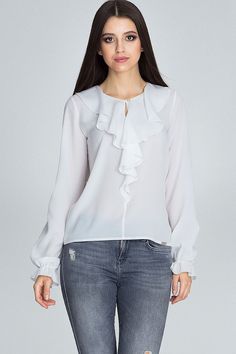 A stylish blouse with a jabot fastened with a delicate button. Long, ruffled sleeves add definition and emphasize the beauty of femininity. A simple form ensures comfort of wear. Ruffle Long Sleeve Blouse, Women Chiffon Blouse, Satin Bluse, Plus Size Pullover, Blouse Models, Ruffle Sleeve Blouse, Ruffle Long Sleeve, Stylish Blouse, Elegant Blouses