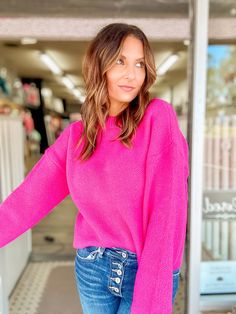 Hot pink round neck, drop shoulder sweater. 95% Poly Erin is wearing a small. Hot Pink Sweater, Drop Shoulder Sweater, Pink Round, Drop Shoulder Sweaters, Start Now, Shoulder Sweater, Pink Sweater, Drop Shoulder, Hot Pink