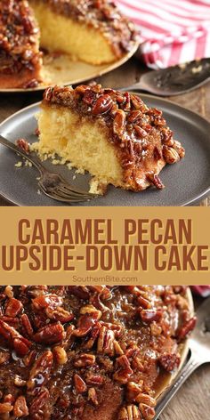 a close up of a cake on a plate with pecan upside - down cake