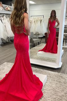 Ballkleid Glitzernde Meerjungfrau V-Ausschnitt Perlen Satin Lang Satin Long Prom Dress, Prom Dresses Long Pink, Sparkly Prom Dresses, Spaghetti Strap Prom Dress, Corset Dress Prom, Prom Dresses For Sale, Short Homecoming Dress, Lace Homecoming Dresses, Mermaid Gown