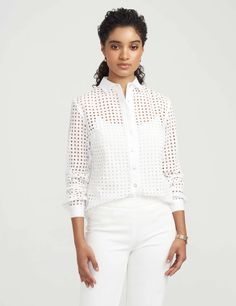 Anne Klein Cotton Eyelet Blouse Daywear Eyelet Button-up Top, Elegant Cotton Eyelet Tops, Chic Eyelet Blouse For Daywear, Spring Eyelet Button-up Top, Long Sleeve Eyelet Tops For Daywear, Elegant Eyelet Tops For Daywear, White Button-up Eyelet Blouse, White Eyelet Button-up Blouse, Elegant Spring Eyelet Blouse