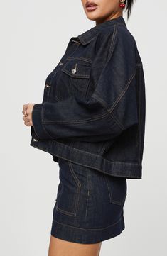 Boxy and cropped to create a modern silhouette, this denim jacket has a day-one dark wash that's perfectly chic for day or night. Front button closure Spread collar Button cuffs Chest button-flap patch pockets 100% cotton Machine wash, tumble dry Imported Cropped Denim Jacket With Button Closure, Cropped Dark Wash Denim Jacket With Button Closure, Cropped Dark Wash Denim Outerwear, Dark Wash Button-up Cropped Jacket With Pockets, Dark Wash Cropped Denim Jacket For Fall, Denim Cropped Jacket For Workwear, Cropped Denim Jacket For Workwear, Dark Wash Cropped Denim Jacket, Cropped Dark Wash Denim Jacket With Pockets