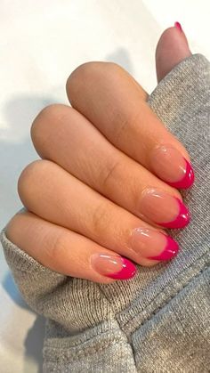 Hot Pink Gel X Nails, Cute Hot Pink French Tip Nails, Hot Pink Nails With Design Summer French Tips, Hot Pink Homecoming Nails, Pink French Tip Manicure, Cerise Pink Nails, French Tips Hot Pink, Pink Almond French Tip Nails, Dark Pink Nails Acrylic