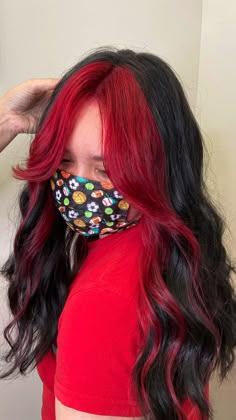 Red In The Front Black In The Back Hair, Ways To Dye Your Hair Red, Dyed Haircuts, 2 Strand Dyed Hair, Black With Red Front Pieces Hair, Halo Hair Color Ideas Red, Black Hair Ideas With Color, Hair Color Ideas With Red, Brunette Hair With Red Peekaboo