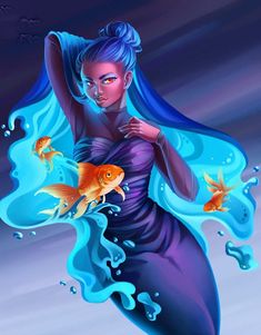 a woman with long blue hair is holding two goldfish in her hand and standing on the water