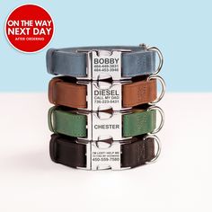 four different colored dog collars are stacked on top of each other with the same price tag