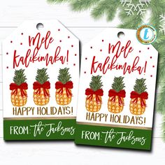 two christmas gift tags with pineapples on them