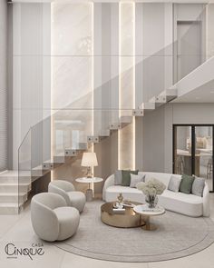 an elegant living room with white furniture and large glass windows on the wall, along with stairs that lead up to the second floor