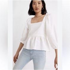 Nwot Madewell Lightspun Millbrook Puff-Sleeve Peplum Top - Size S The Pit To Pit Is 18.5 Inches. The Length Is 22 Inches. Made Of Our Supersoft Lightspun Double-Gauze Cotton, This Easy-On-The-Body Peplum Shirt Has A Square Neckline And Three-Quarter Puff Sleeves. A Breezy Top For Warm Fall Days. Regular Fit. Body Length From High Point Of Shoulder: 25". Three-Quarter Sleeves. Cotton. Do Well: We Partner With The Better Cotton Initiative To Improve Cotton Farming Globally. Machine Wash. Import. M Peplum Shirt, Peplum Shirts, Fall Days, Puff Sleeve Blouse, Fit Body, High Point, Three Quarter Sleeves, Square Neckline, Puff Sleeves