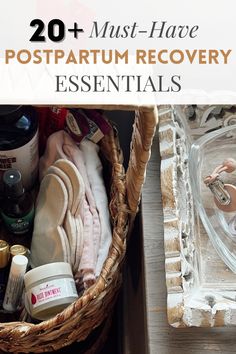 a basket filled with personal care items on top of a wooden table next to a mirror