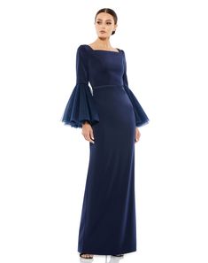 Mac Duggal Crepe Fabric (100% polyester) Fully lined through body; partially lined sleeves Square neckline Long tulle flounce sleeve Back vent Concealed back zipper Approx. 62.5" from top of shoulder to bottom hem Available in Navy (dark blue) and Rose Style #11233 Bride Groom Dress, Column Gown, Rose Style, Mac Duggal, Flounce Sleeve, Groom Dress, Square Necklines, Crepe Fabric, Rose Color