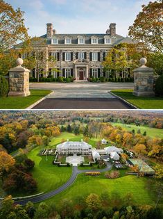 an aerial view of a large mansion in the fall and winter