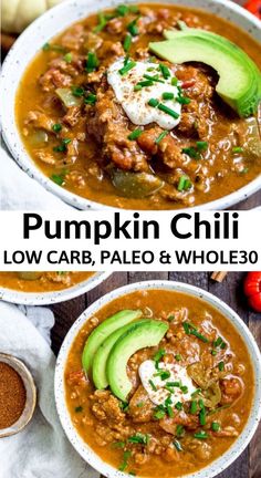 two bowls of pumpkin chili with avocado and sour cream