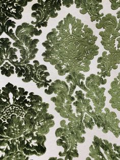 NEW! Duke Gabriel Designer Damask Burnout Chenille Velvet Fabric - Olive Green - Fancy Styles Fabric Pierre Frey Lee Jofa Brunschwig & Fils Peacock Fabric, Nature Motifs, Vertical Pattern, Green Texture, Velvet Upholstery Fabric, Burnout Velvet, Green Quilt, Beautiful Interior Design, Pattern Repeat