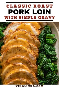 pork with gravy and broccoli on a white plate