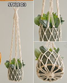 three pictures of hanging planters with plants in them and the text style d3