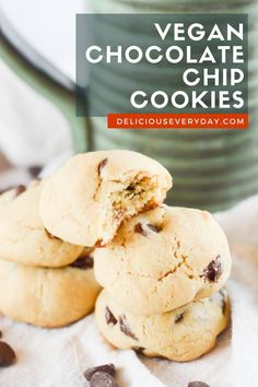 vegan chocolate chip cookies stacked on top of each other with the title overlay