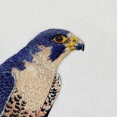 a painting of a blue bird with yellow eyes