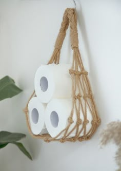 three rolls of toilet paper hanging from a rope on the wall next to a potted plant