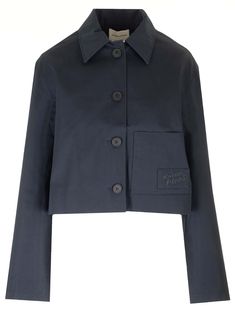 Cropped jacket from Maison Kitsunè in blue cotton canvas, long sleeves, shirt collar, large front pocket with embroidered logo patch, front closure with maxi buttons. Navy Cotton Outerwear With Patch Pockets, Navy Cotton Outerwear With Buttoned Pockets, Navy Cotton Outerwear With Button Cuffs, Navy Cotton Utility Jacket With Patch Pockets, Navy Outerwear With Patch Pockets For Spring, Navy Cotton Outerwear With Lapel Collar, Spring Navy Cotton Blazer, Navy Cotton Blazer For Spring, Versace Designer