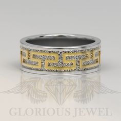 a gold and silver wedding band with diamonds on the inside, set in 18k white gold