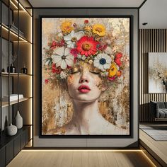 a woman's face with flowers in her hair on a wall above a bookshelf