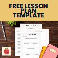 a lesson plan is shown on top of a desk with an apple, notebook and pen