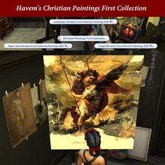 an image of a woman sitting in front of a painting on a easel with the words haven's christian paintings first collection