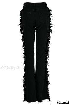 Olivia Mark - High-Quality Womens Solid Black Denim Jeans with Tassel-Detailed and Hollowed-Out Hem for Casual Wear Black Denim Jeans, High Waisted Denim, Olivia Mark, Casual Jeans, Casual Outfit, Denim Fashion, Black Denim, Solid Black, Jeans Fit