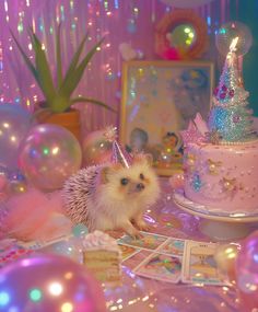 a small hedgehog sitting on top of a table next to a cake and balloons