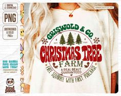 a woman wearing a christmas tree farm t - shirt in front of a white background