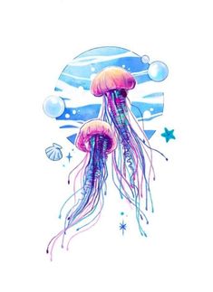 two jellyfishs floating in the water with stars and bubbles around them on a white background